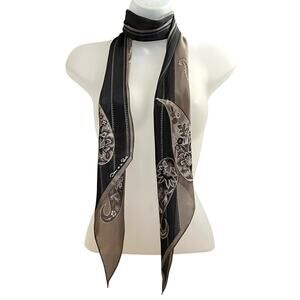 Oscar de la Renta Vintage Paisley Beige Black Silver Silk Long Wingtip Scarf